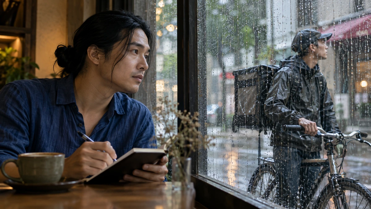Un auteur observe une personne à vélo derrière la vitre d’un café et prend des notes.