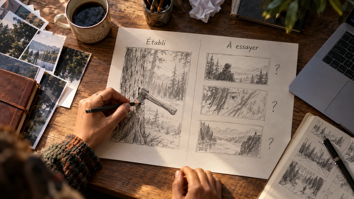 Une personne dessine et annote plusieurs situations sur une feuille.