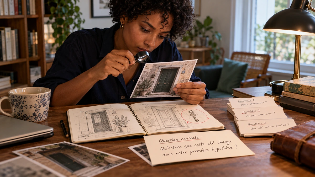 Une personne relit une photographie à côté de notes d’histoire.