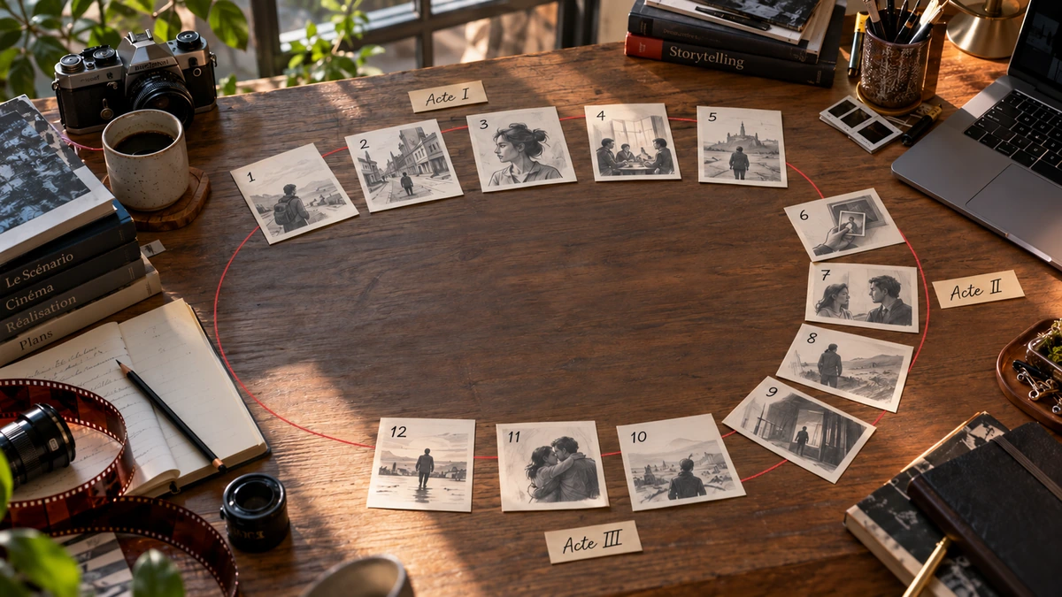 Des cartes de scènes sont disposées en parcours autour d’une table de travail.