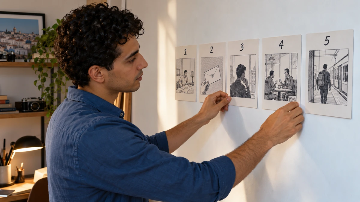 Un créateur réorganise cinq vignettes dessinées sur un mur.