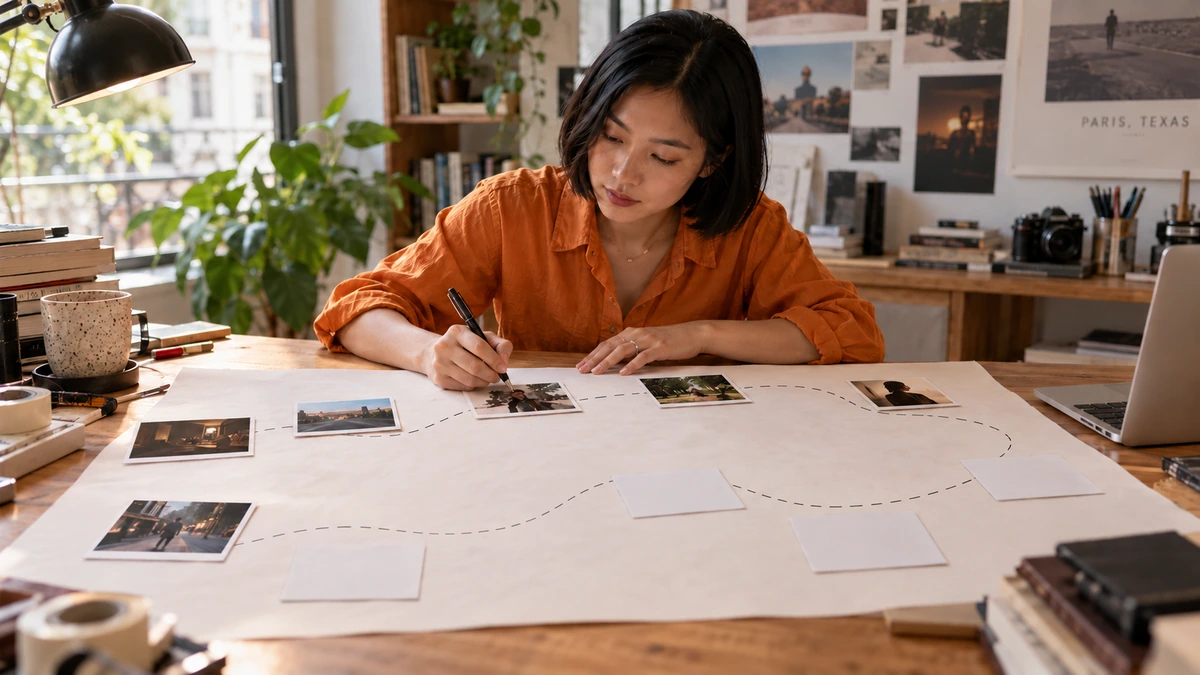 Une créatrice organise des photos, des cartes et des liaisons sur une grande feuille.