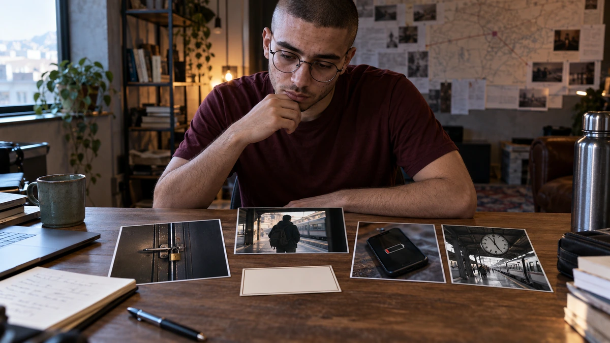 Une personne compare des photographies de situations devant un tableau de travail.