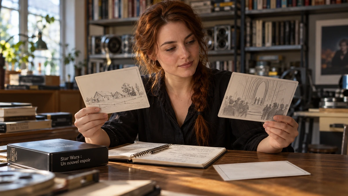 Une autrice compare deux photographies au-dessus de ses documents de travail.