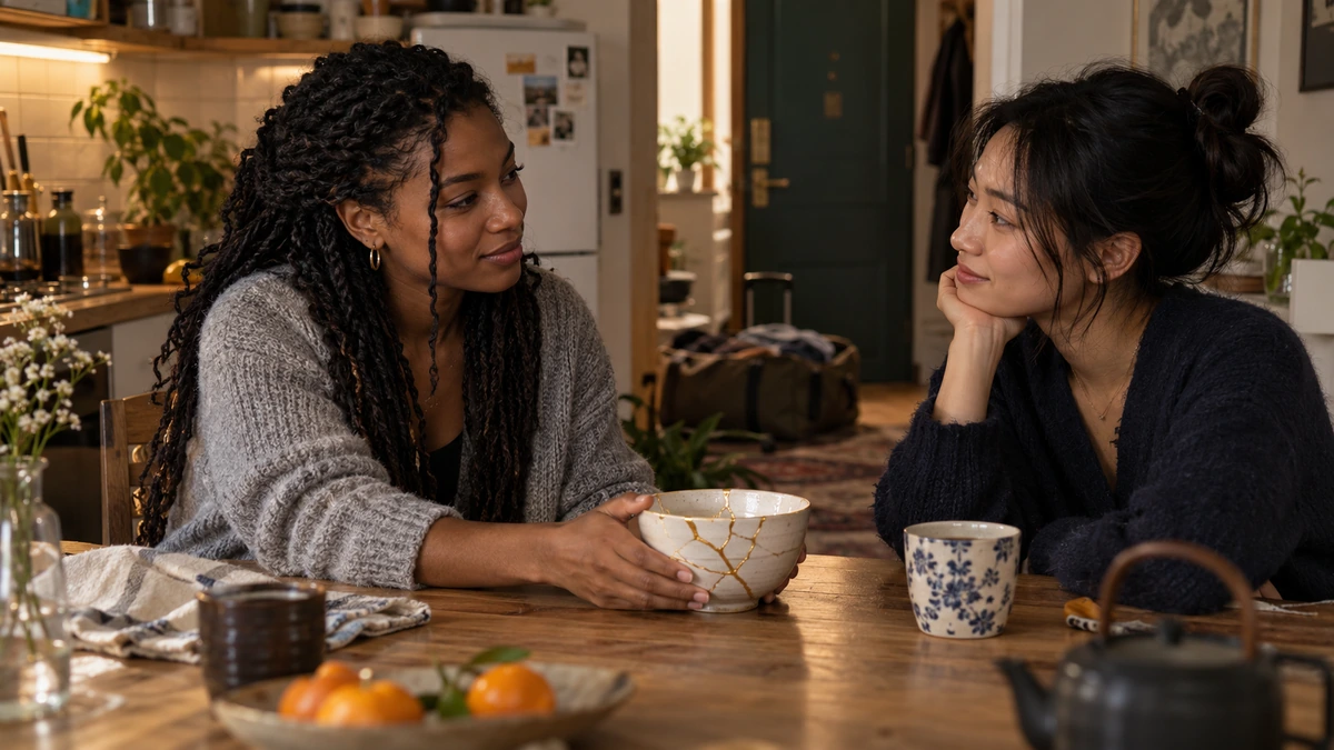 Deux femmes discutent autour d’une table dans une cuisine.