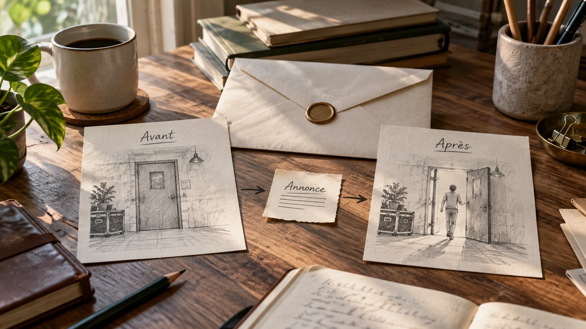Des dessins de situations et des notes de récit sont disposés sur une table.