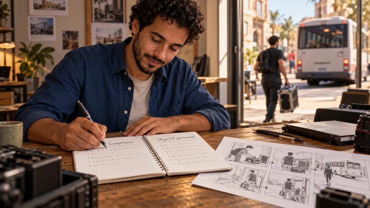 Un créateur écrit dans un carnet à côté de plusieurs scènes dessinées.