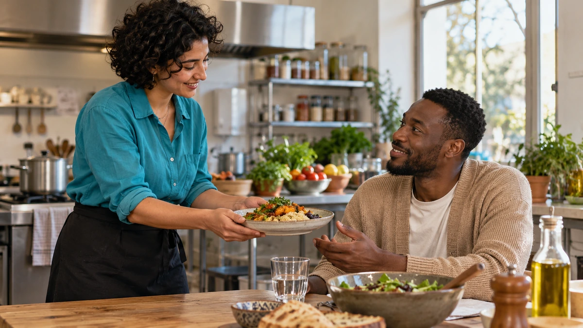 Une personne présente un plat garni au-dessus d’une table de cuisine.