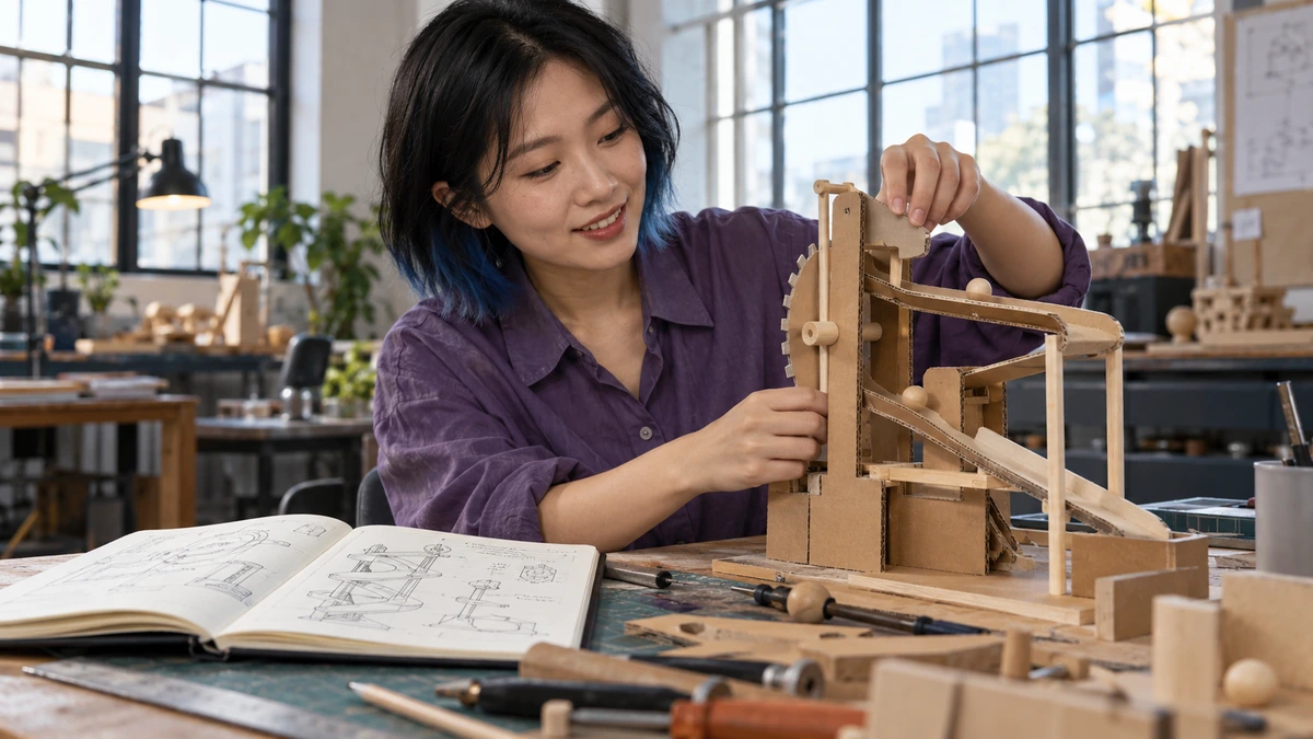 Une créatrice manipule les axes et les pièces mobiles d’une construction en bois.