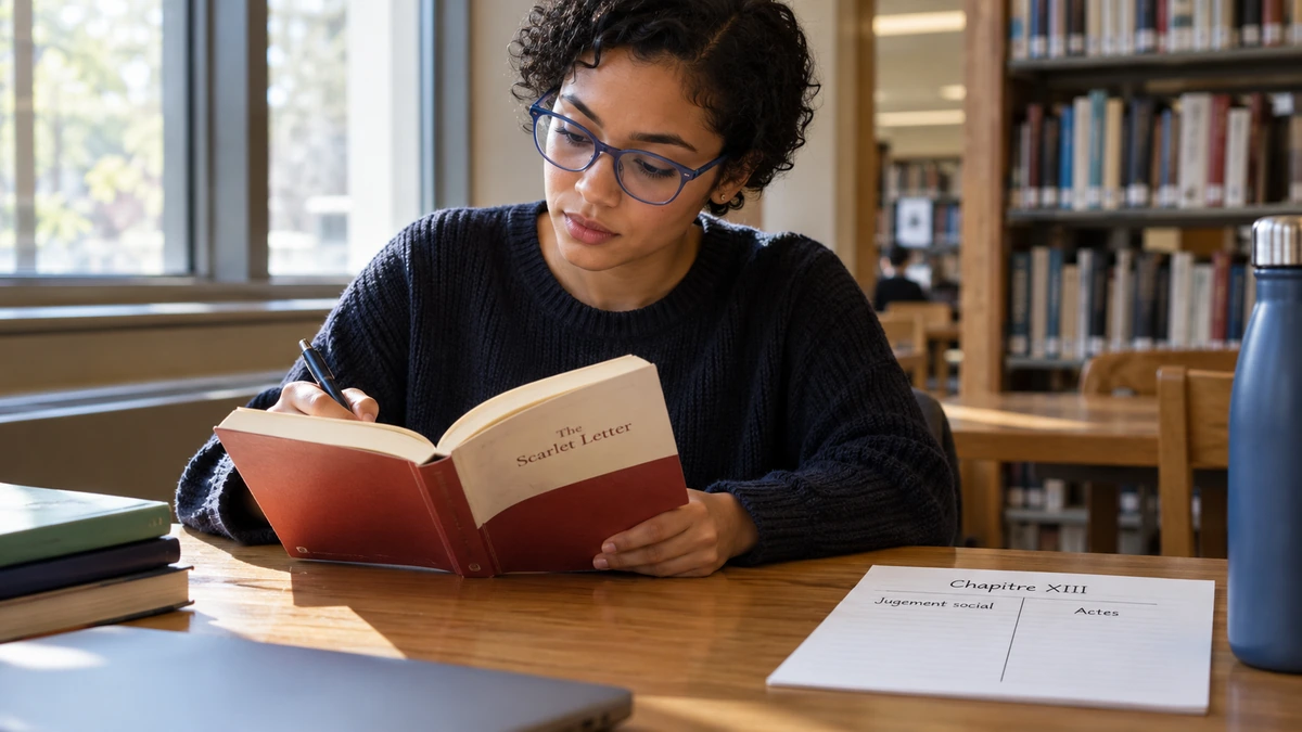 Une autrice étudie un livre et prend des notes à son bureau.