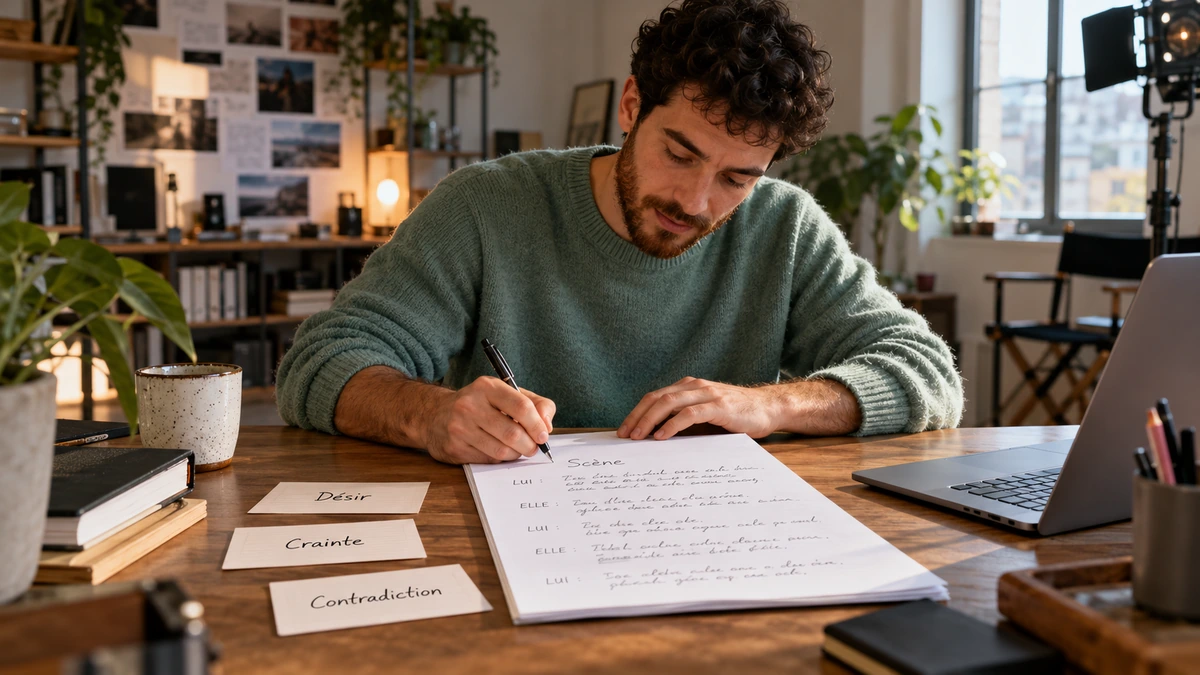 Un auteur écrit une scène à partir de ses notes de récit.