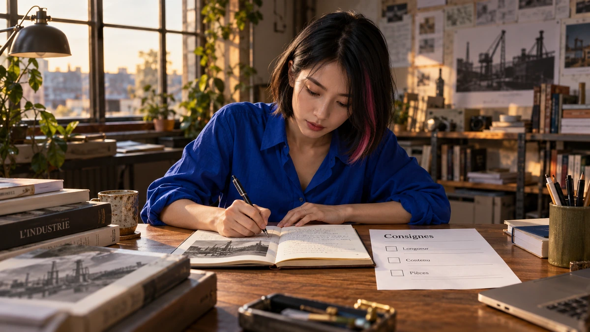 Une créatrice rédige des documents de travail.