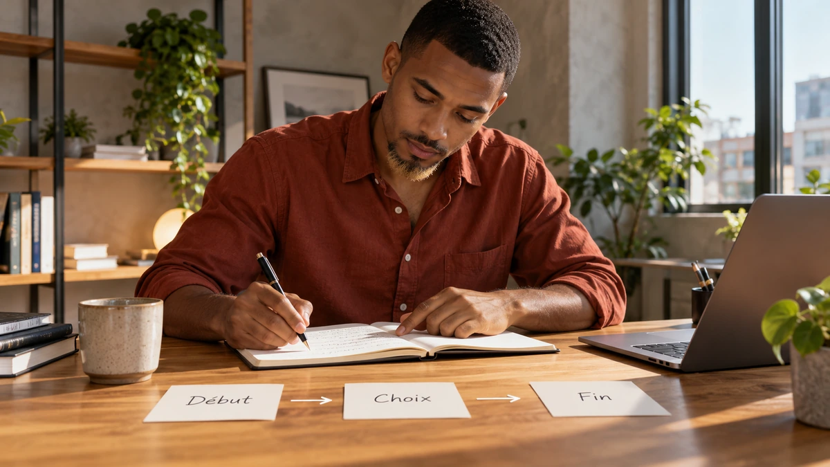 Un auteur travaille avec des fiches disposées sur sa table.