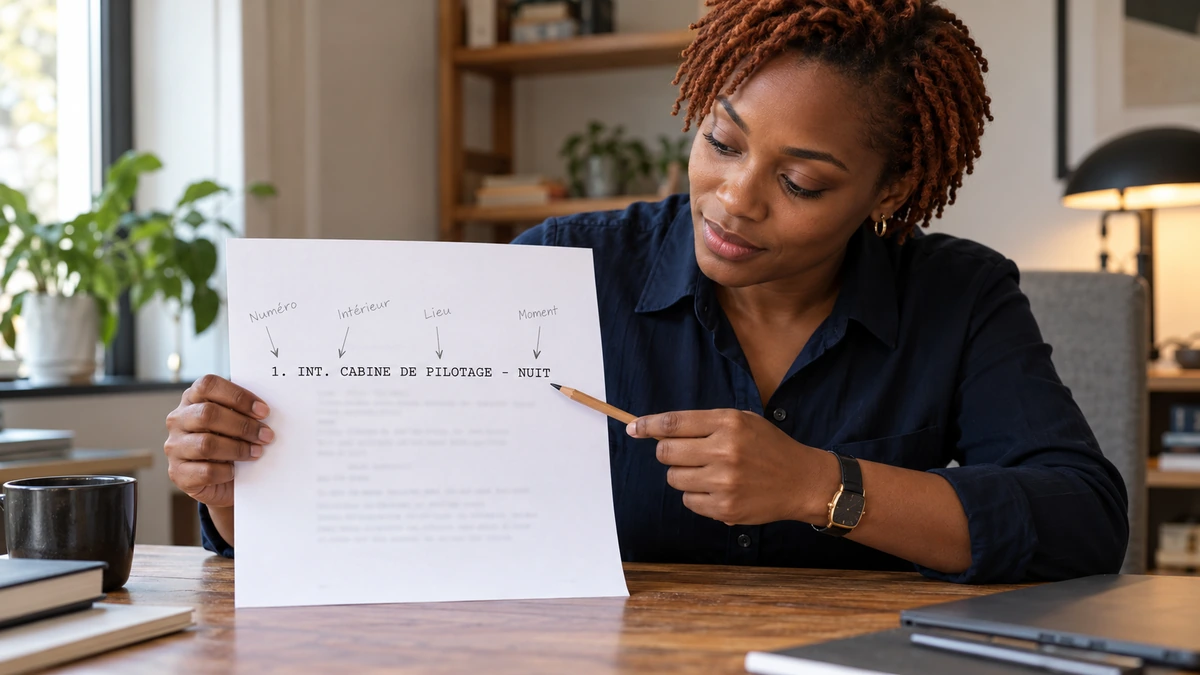 Une personne montre un en-tête de scène annoté avec le numéro, le lieu et le moment.