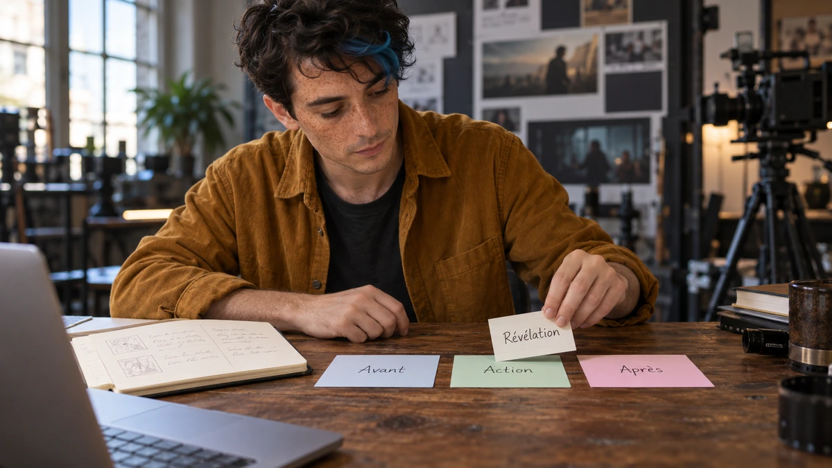 Un auteur organise des fiches « avant », « action » et « après » sur une table.