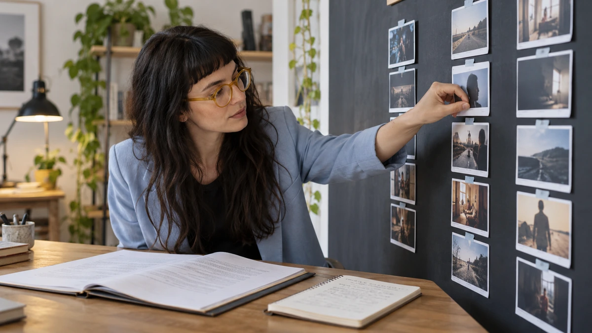 Une autrice annote un panneau de photographies de préparation.