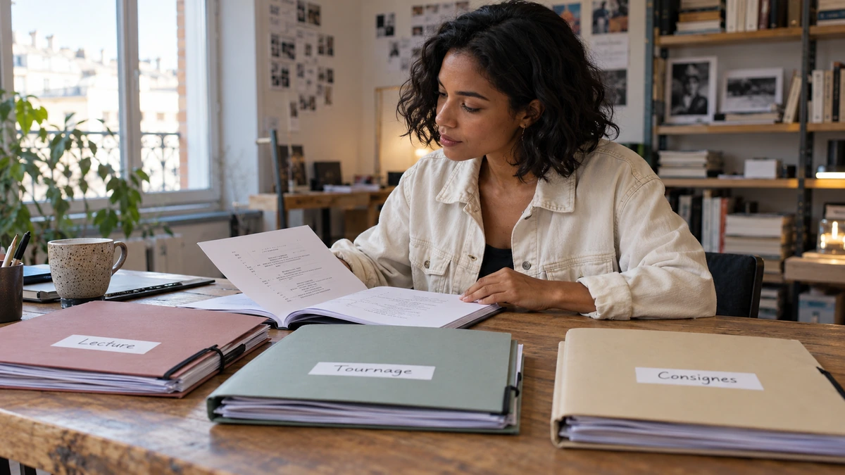 Une personne consulte plusieurs documents de scénario rangés dans des dossiers de couleurs différentes.