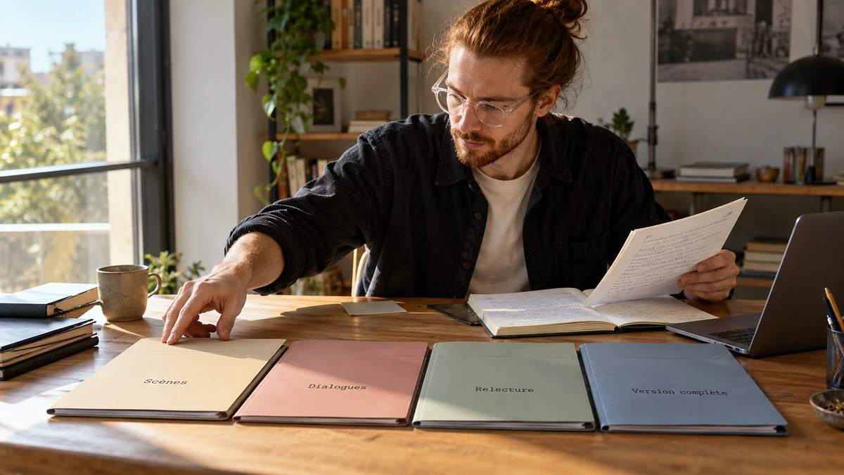 Un auteur prépare plusieurs documents de lecture et de tournage.