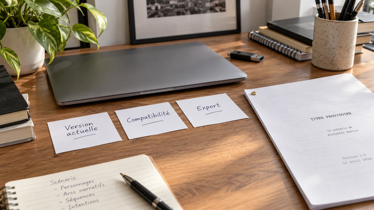 Un ordinateur, des fiches de version et un carnet préparent les fichiers d’un projet.