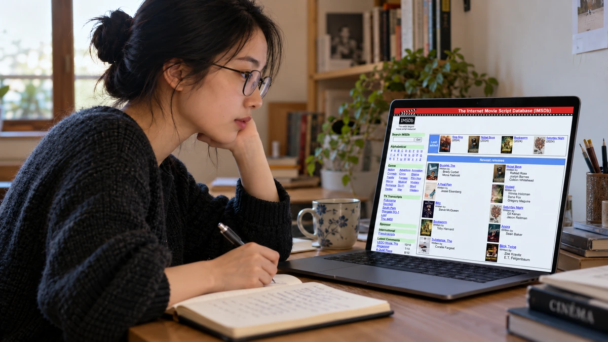 Une personne consulte une bibliothèque de scénarios sur un ordinateur portable.