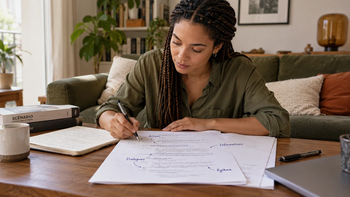Une autrice prend des notes sur un scénario imprimé.