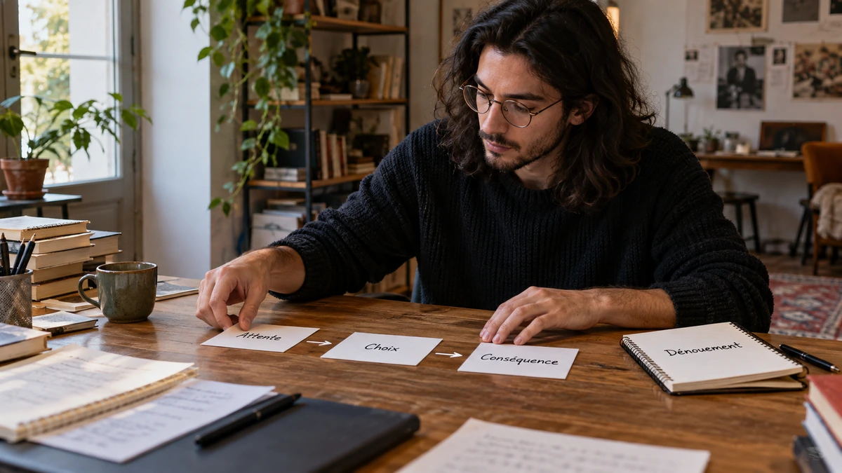 Un auteur compare des pages et des fiches sur une table.