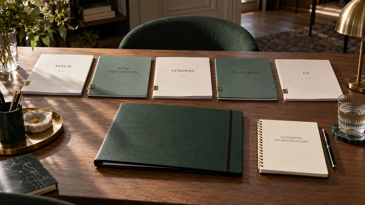Plusieurs documents de présentation sont disposés sur une table.