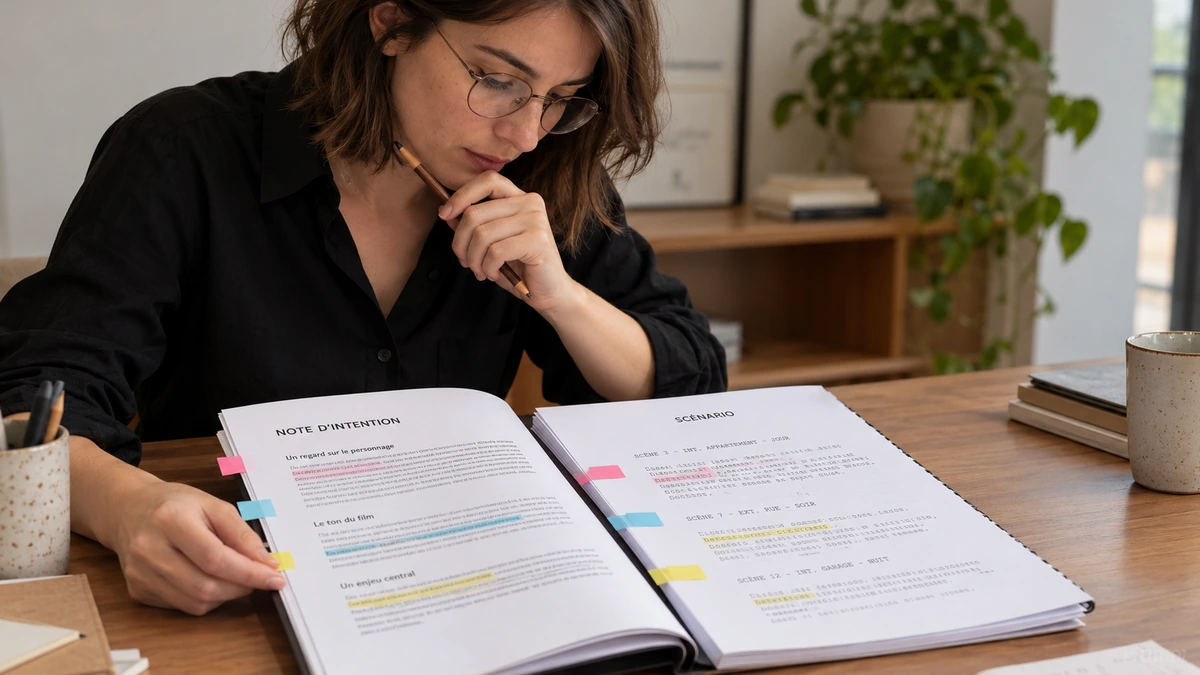 Une personne relit une note d’intention à côté de pages de scénario marquées de repères colorés.