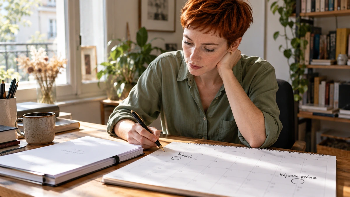 Une scénariste prépare les informations de suivi d’un échange professionnel.
