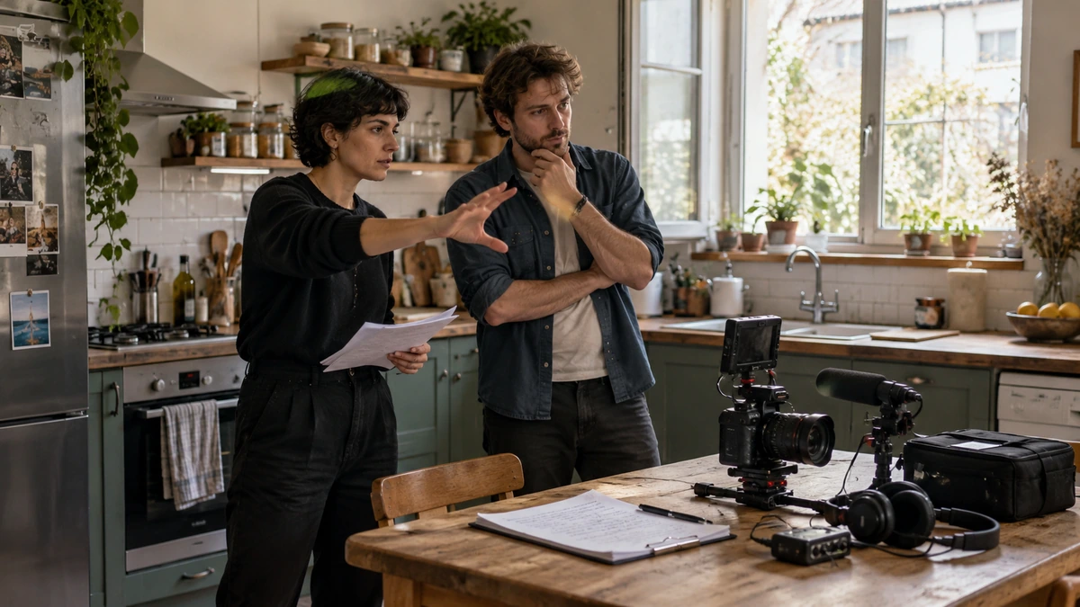 Deux membres d’une équipe discutent dans une cuisine de tournage.