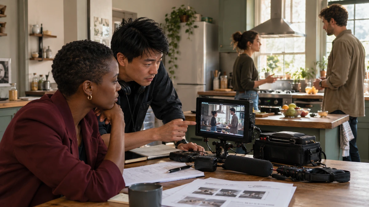 Une équipe examine des documents et une caméra dans une cuisine de tournage.
