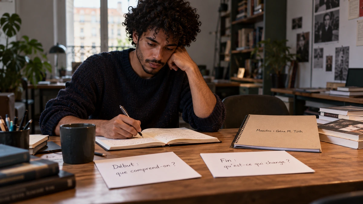 Un auteur écrit une scène dans un carnet à sa table de travail.