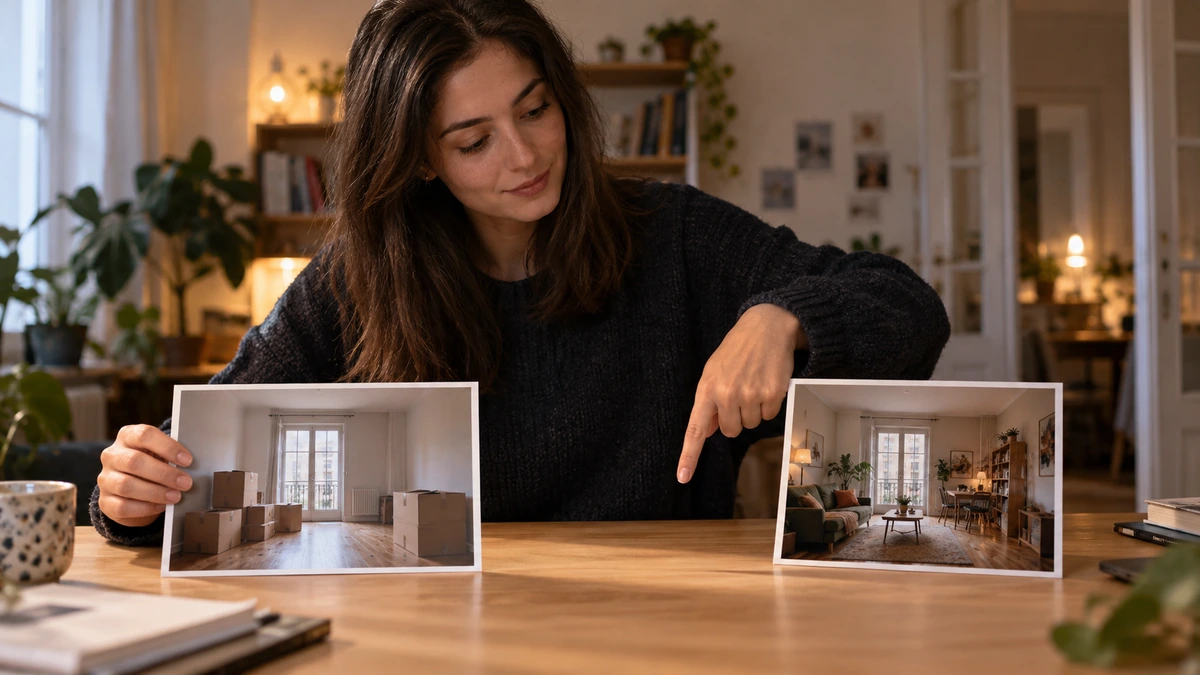 Une autrice montre deux photographies d’une pièce à des moments différents.