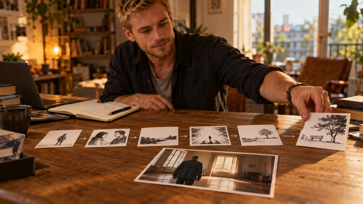 Un auteur organise des fiches de scènes et des photographies sur une table.