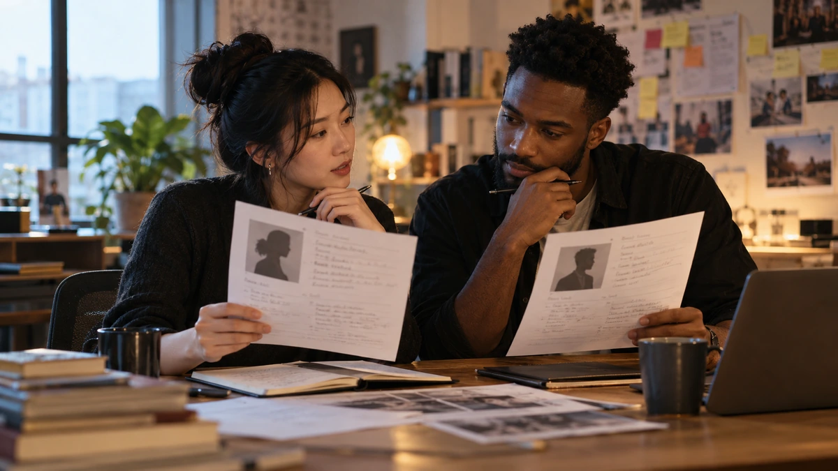 Deux lecteurs comparent des pages assis à une table.