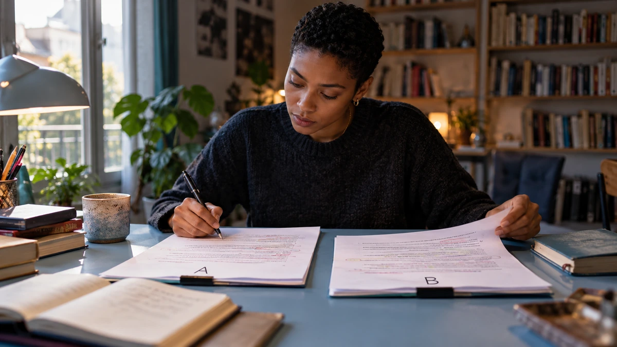 Une autrice relit deux pages de travail et prend des notes.