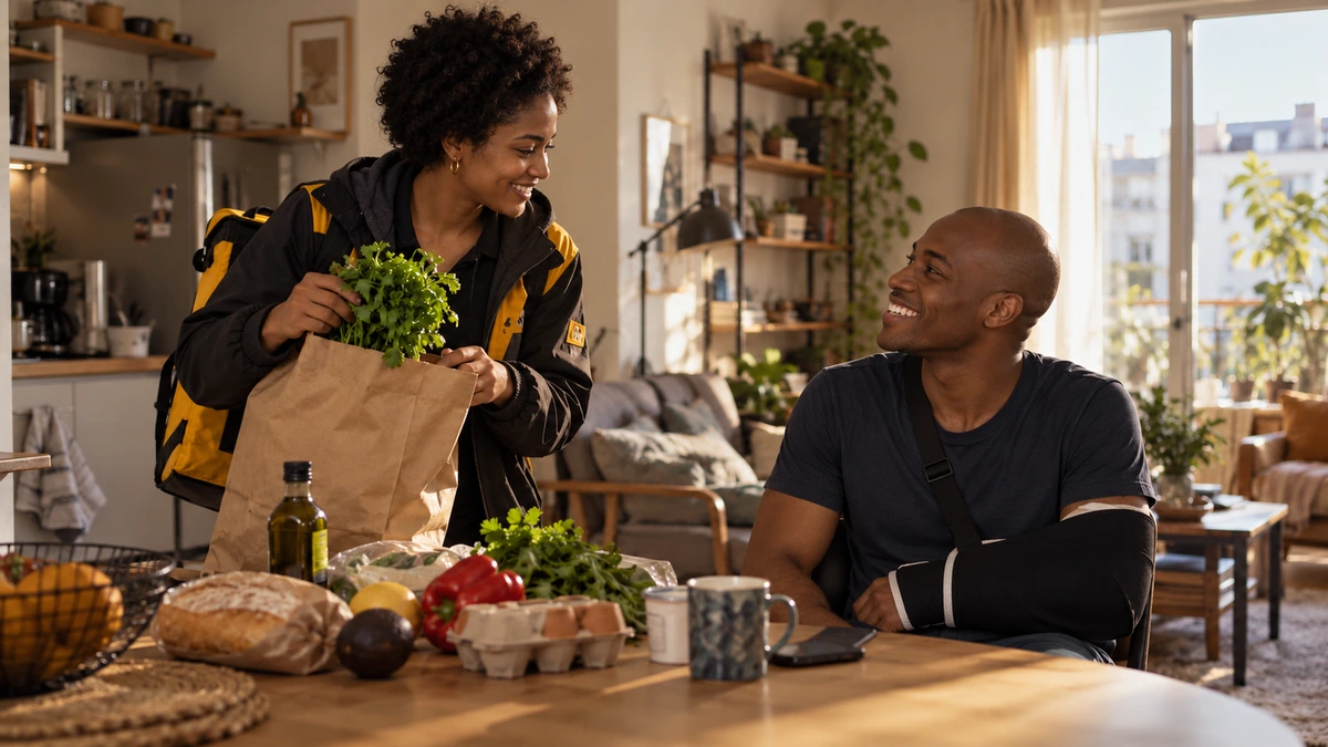 Une personne déballe un sac de courses en échangeant un sourire avec une autre personne assise à la table.