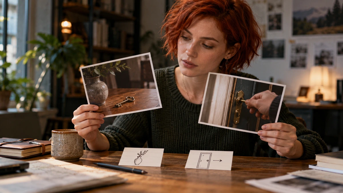 Une autrice compare deux photographies en préparant son histoire.