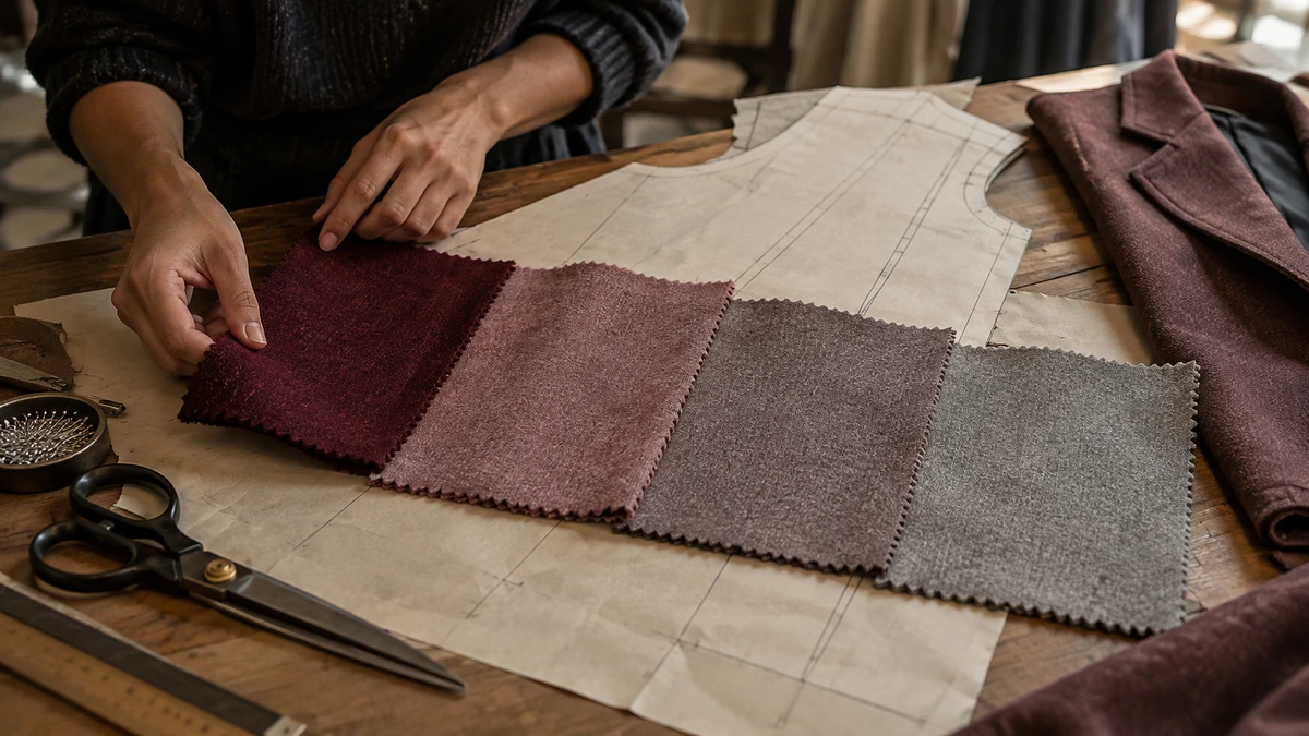 Des mains comparent plusieurs échantillons de tissu près d’un patron.