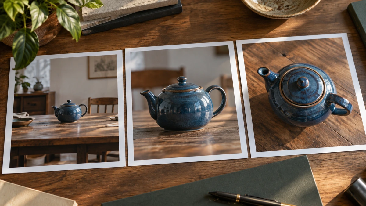 Trois photographies montrent une théière dans des cadrages différents.