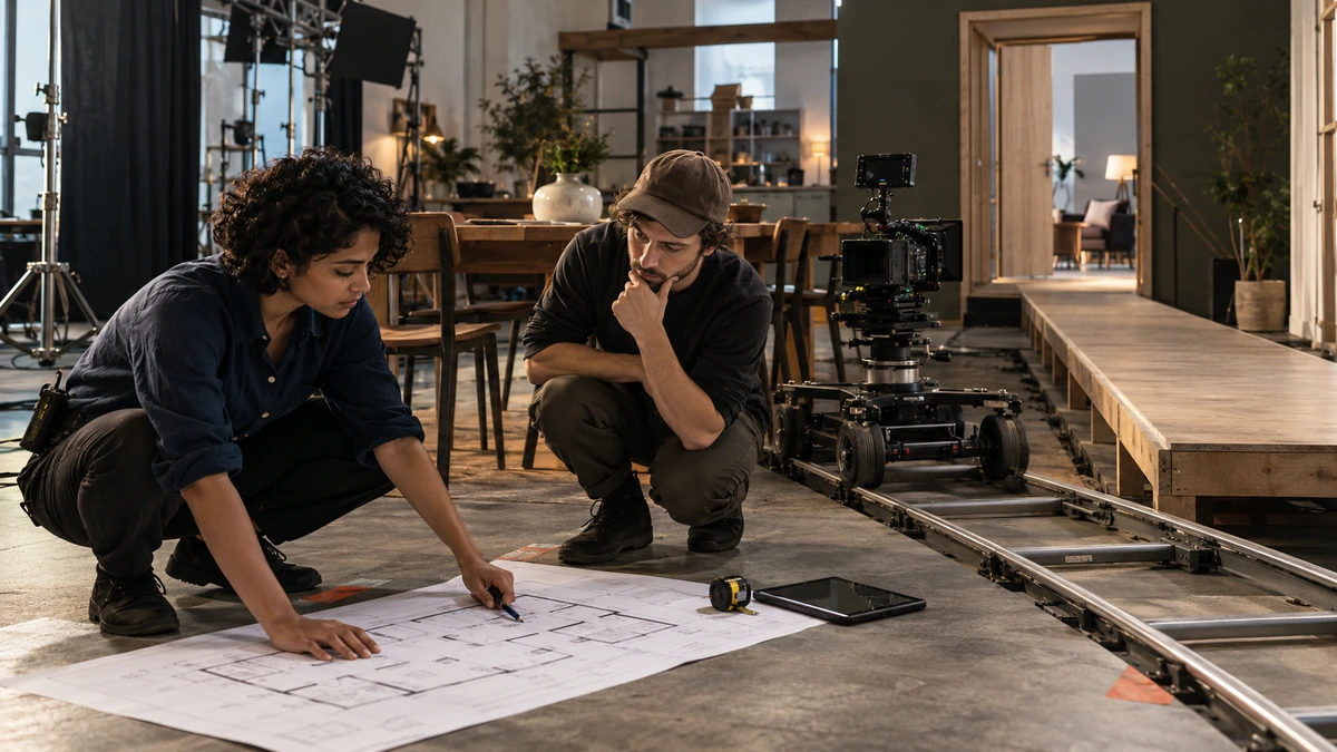 Deux cinéastes préparent au sol les positions et le trajet de leur caméra.