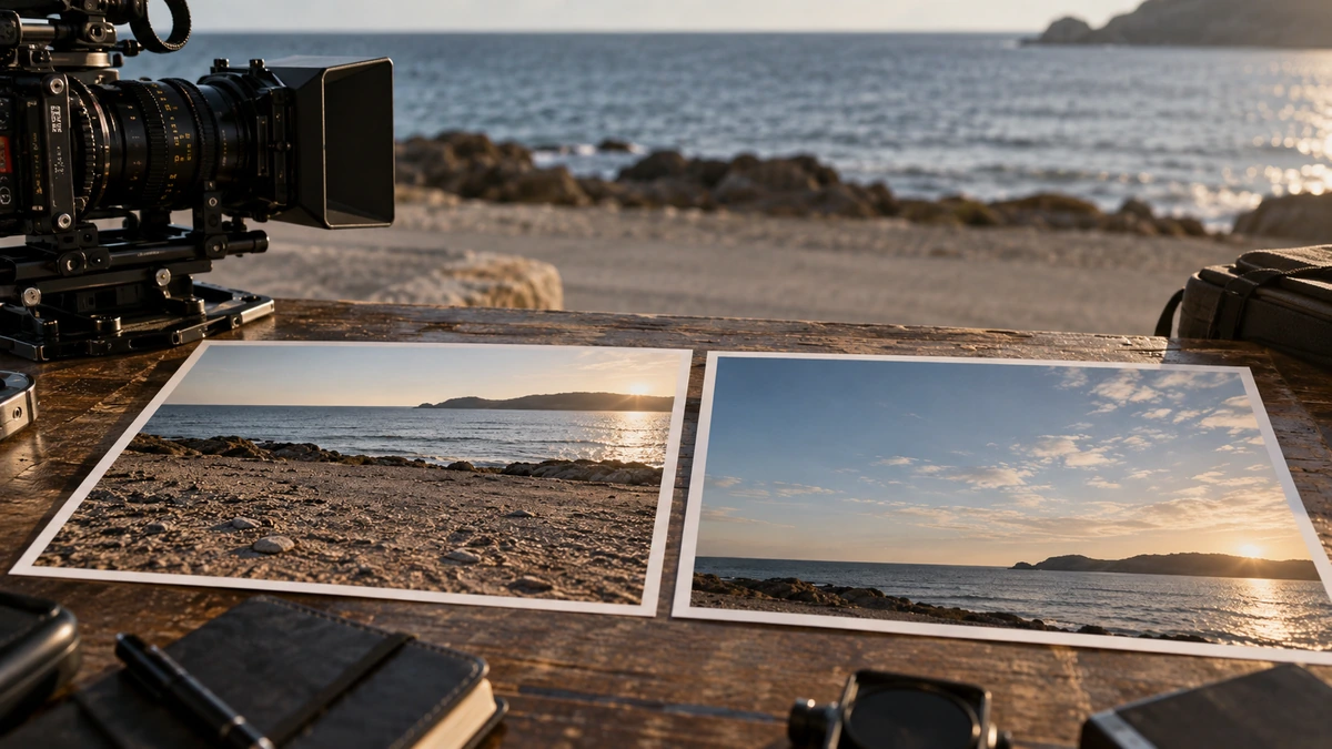 Des tirages de paysages et un appareil photographique sont réunis pour comparer les cadrages.