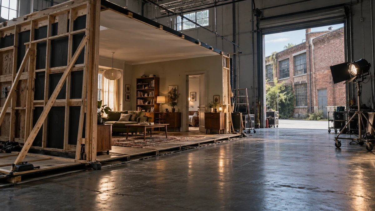 Un décor intérieur construit est installé dans un studio.