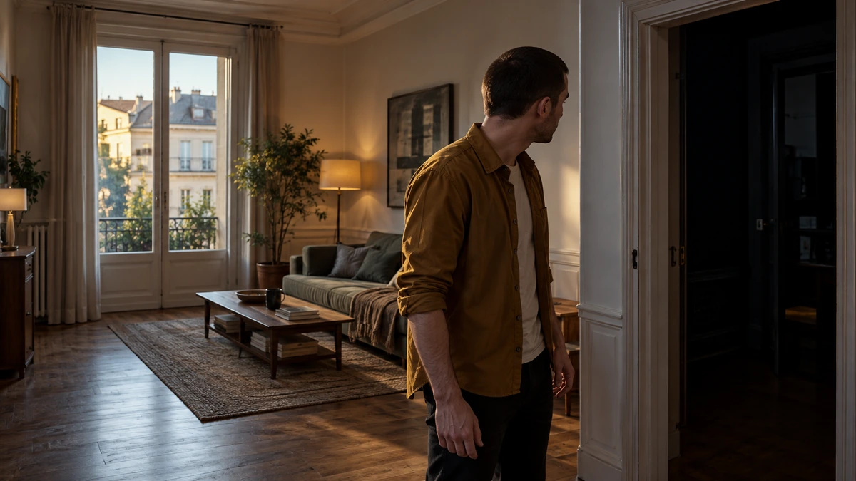 Un homme se retourne vers une pièce sombre depuis un passage de porte.