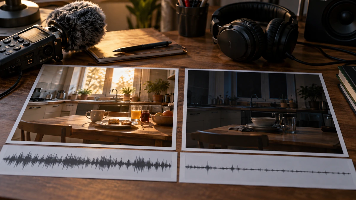 Des images, un micro et des repères sonores sont réunis sur une table.