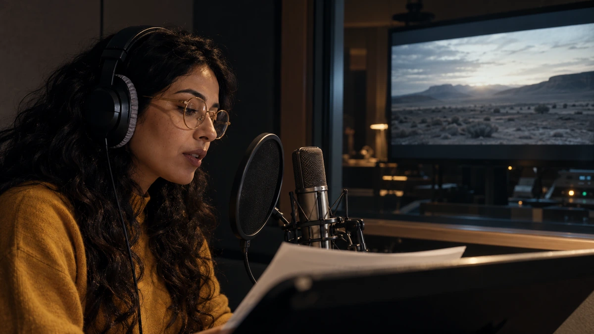 Une interprète lit un texte devant un microphone dans un espace d’enregistrement.