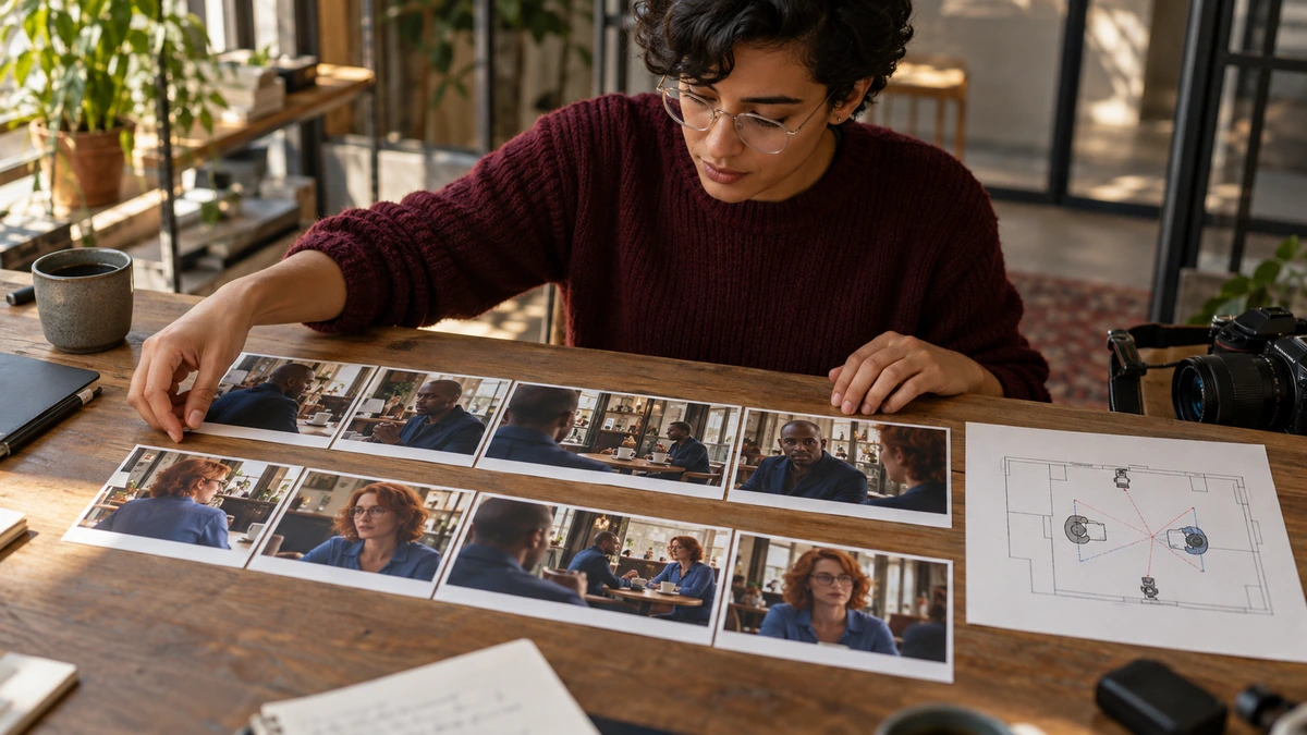 Une autrice examine des photographies et des fiches de plans sur une table.