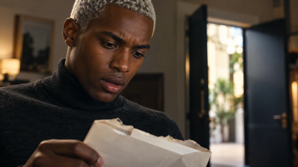 Un homme lit une feuille devant une porte ouverte.