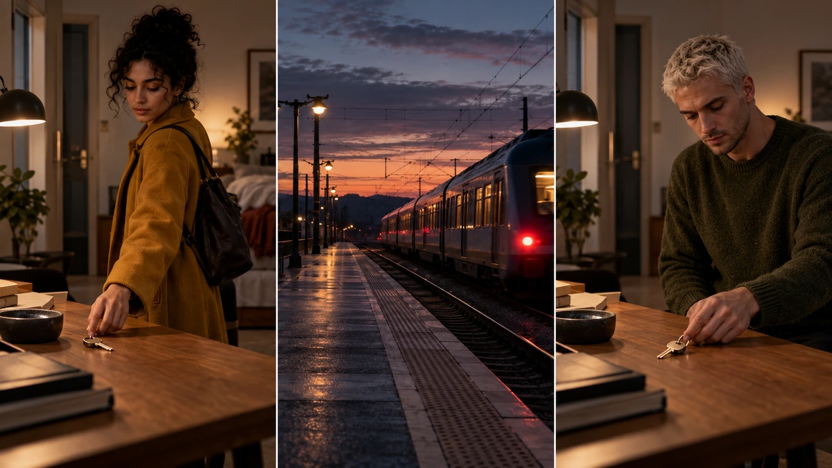 Trois vues rapprochent une personne dans une pièce, un train et une autre personne à une table.