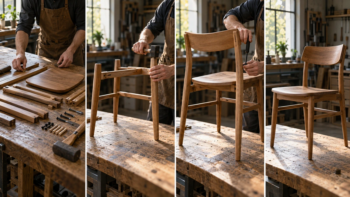 Trois vues montrent des gestes et un tabouret à différents moments d’une action.